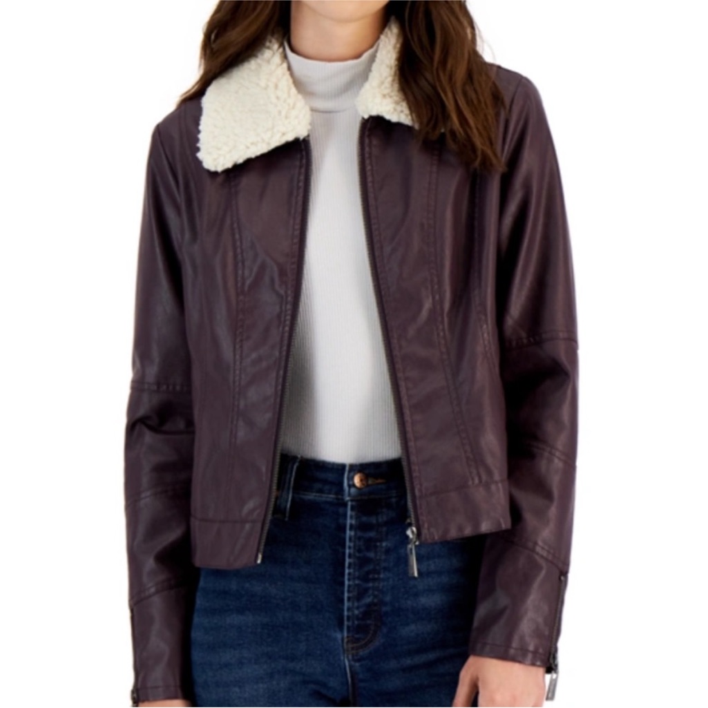 Jou Jou Trendy Faux Leather Jacket With Shearling Collar